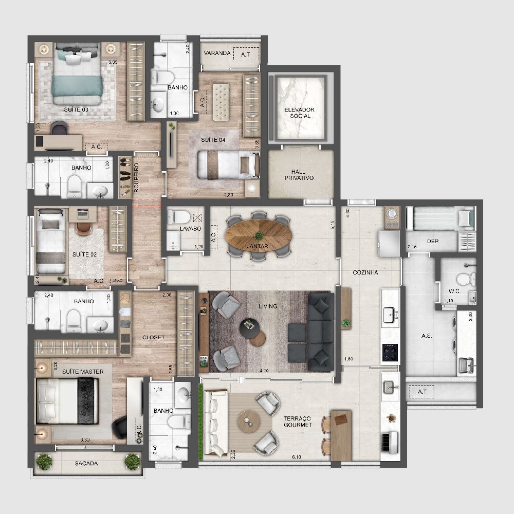 Perspectiva artística da planta 142m² com 4 suítes
