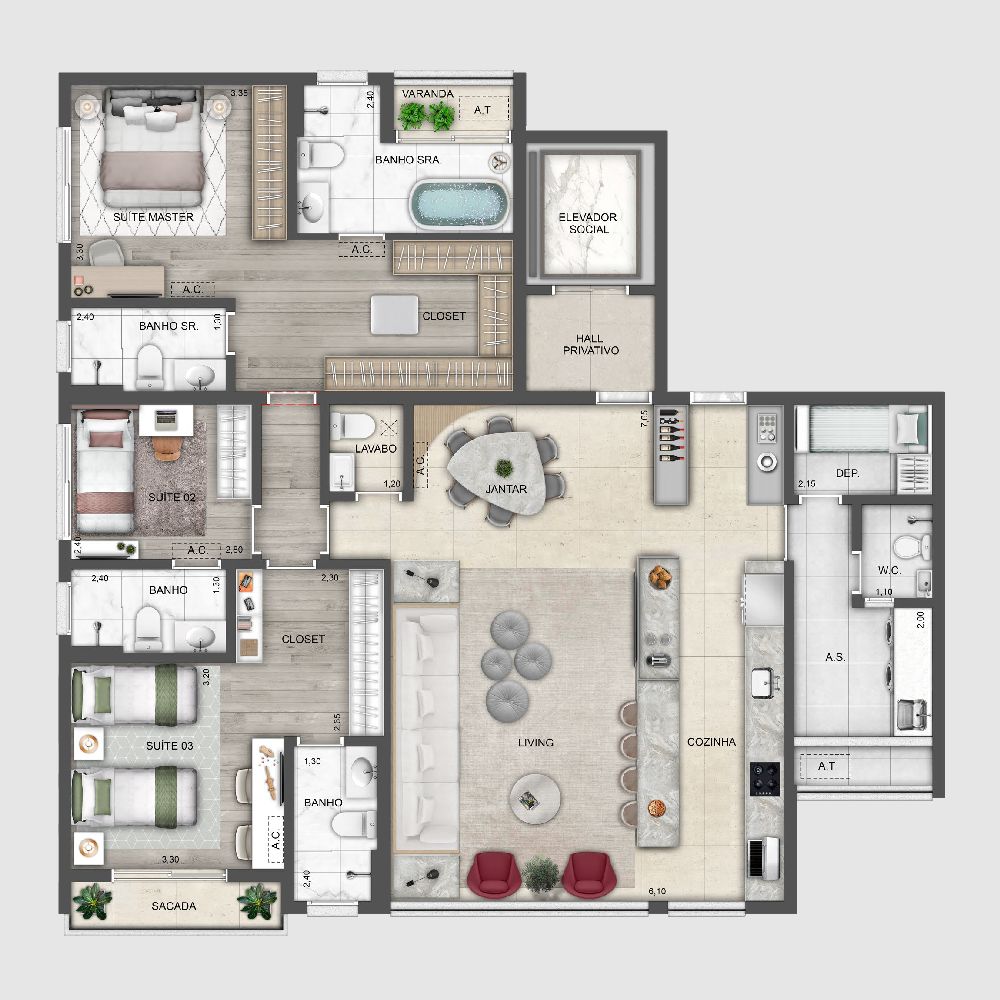 Perspectiva artística da planta 142m² 3 suítes suíte master ampliada living e cozinha integrados