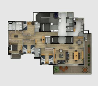 Perspectiva artística da planta 4 dorms com 2 suítes