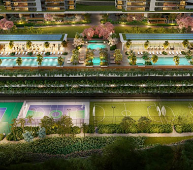 Perspectiva ilustrada do complexo esportivo e piscinas