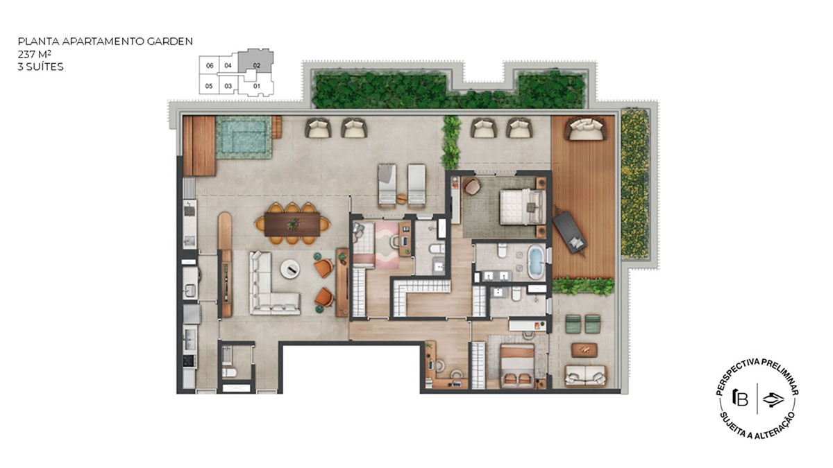 Perspectiva artística planta gardem 237m²