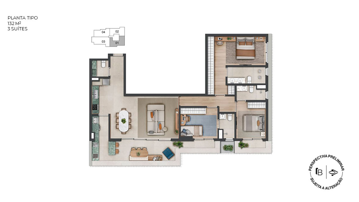 Perspectiva artística planta  tipo 132m²