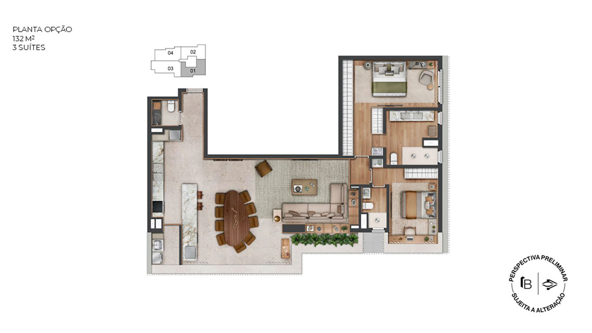 Perspectiva artística planta opção 132m²