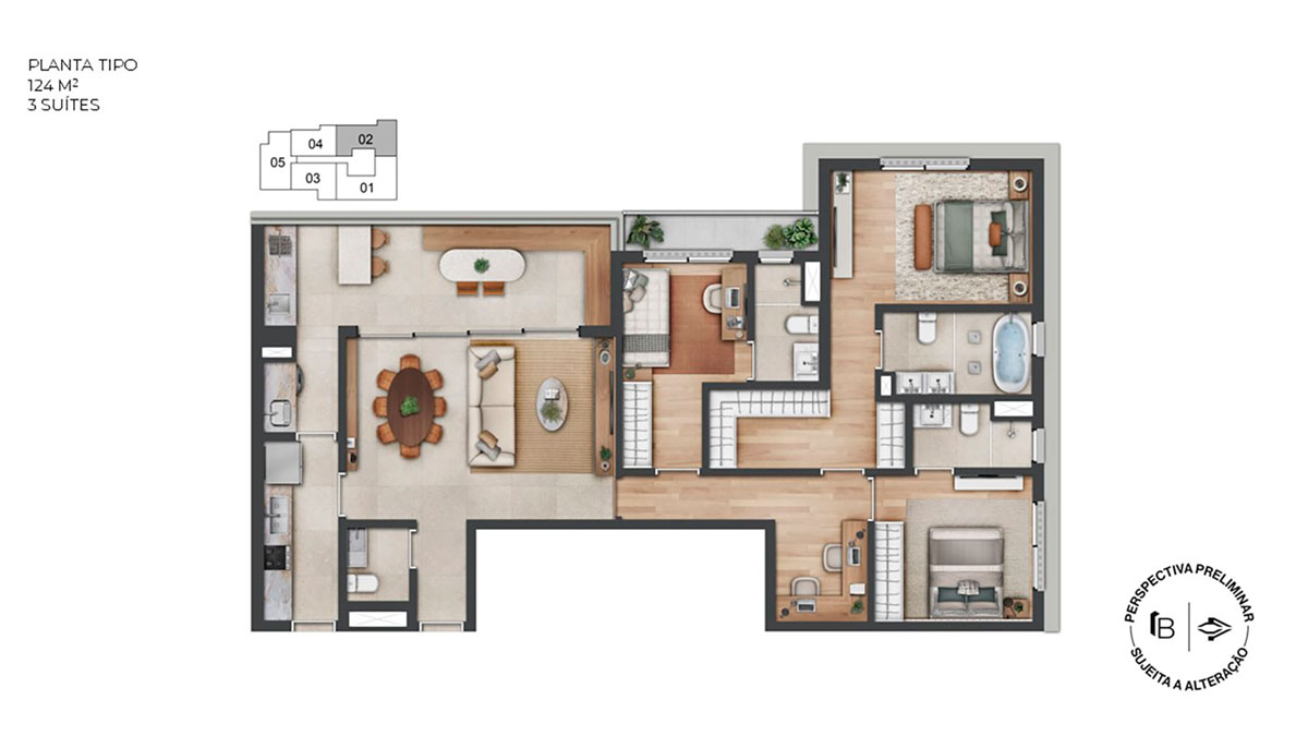Perspectiva artística planta tipo 124m²