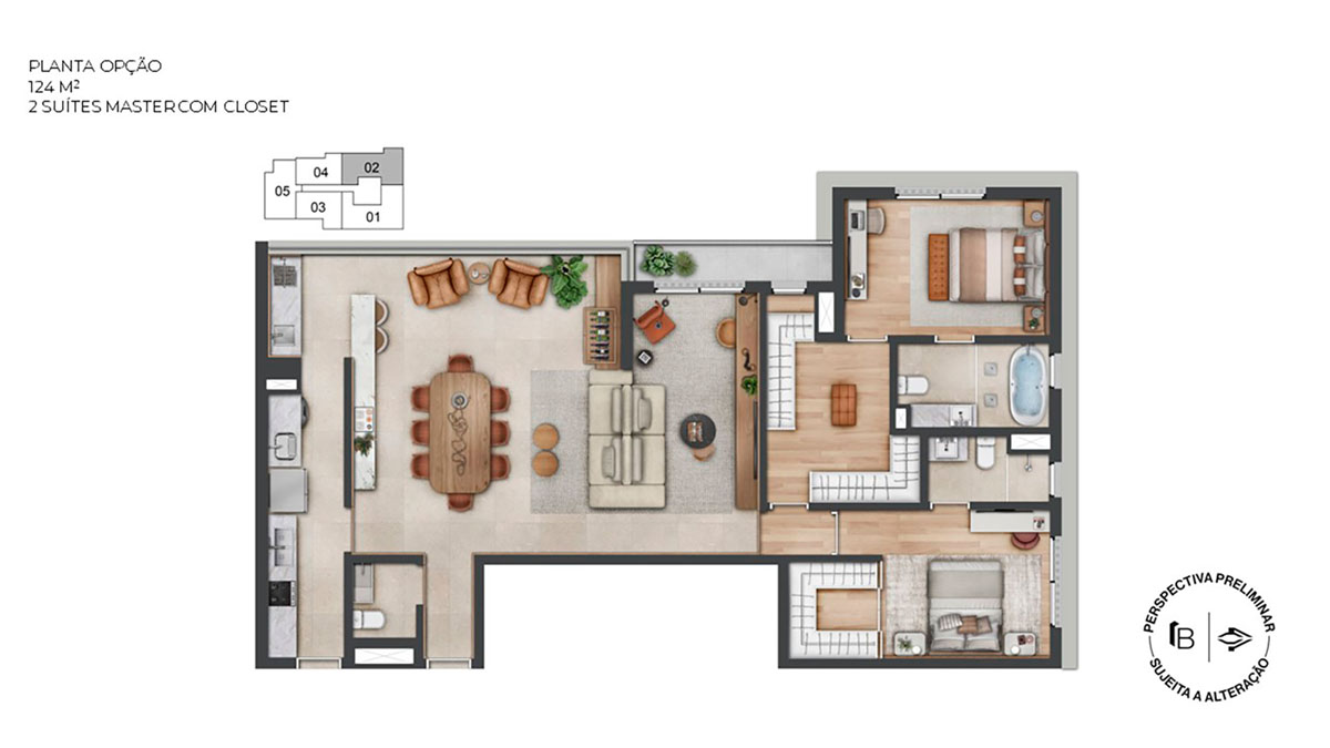 Perspectiva artística planta opção 124m²