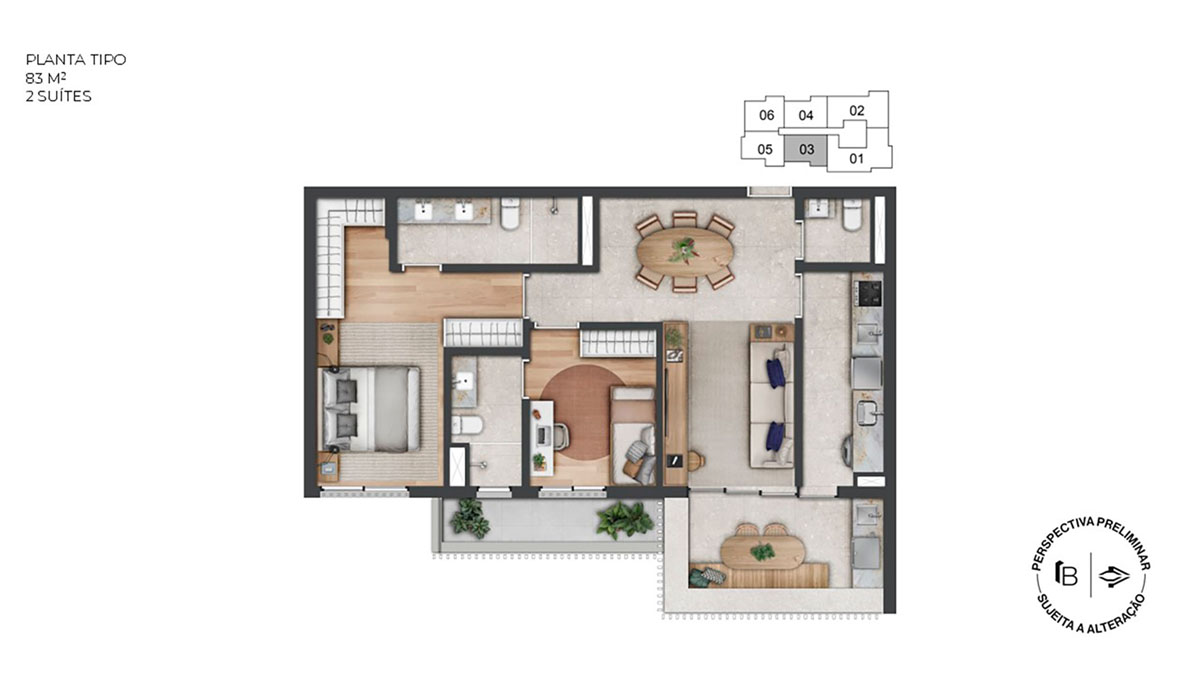 Perspectiva artística planta tipo 83m²
