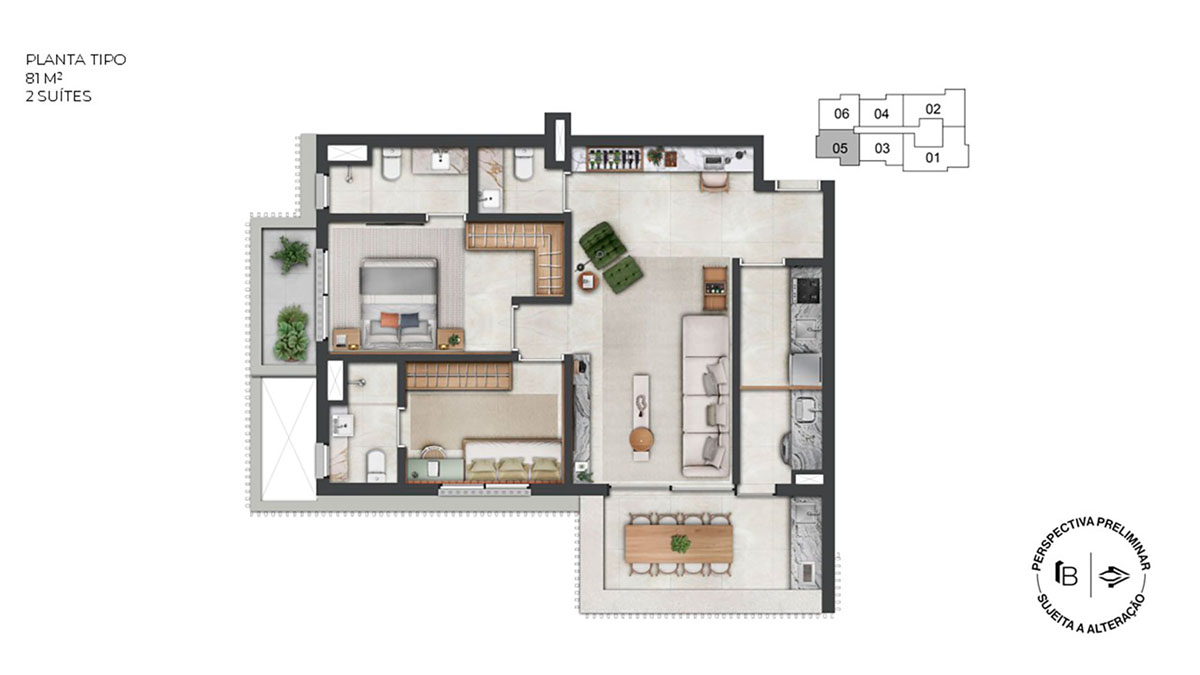 Perspectiva artística planta tipo 81m²