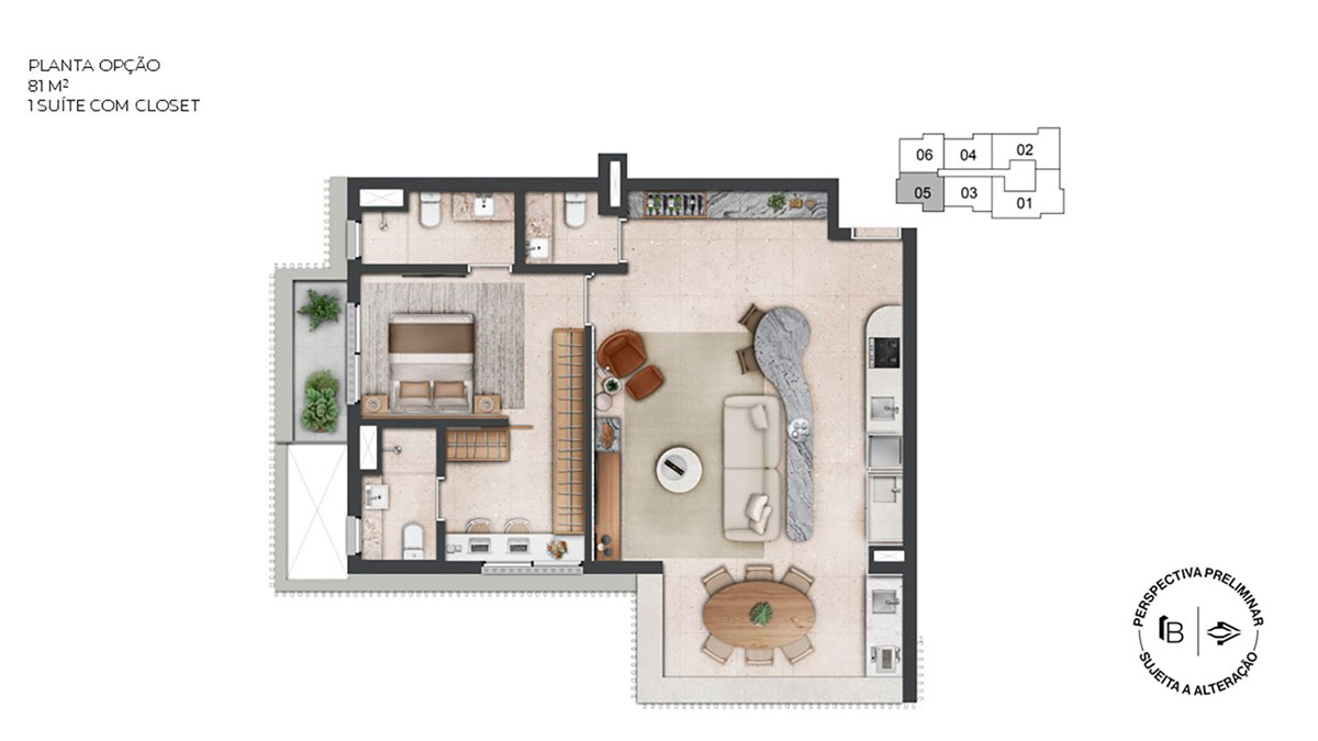 Perspectiva artística planta opção 81m²