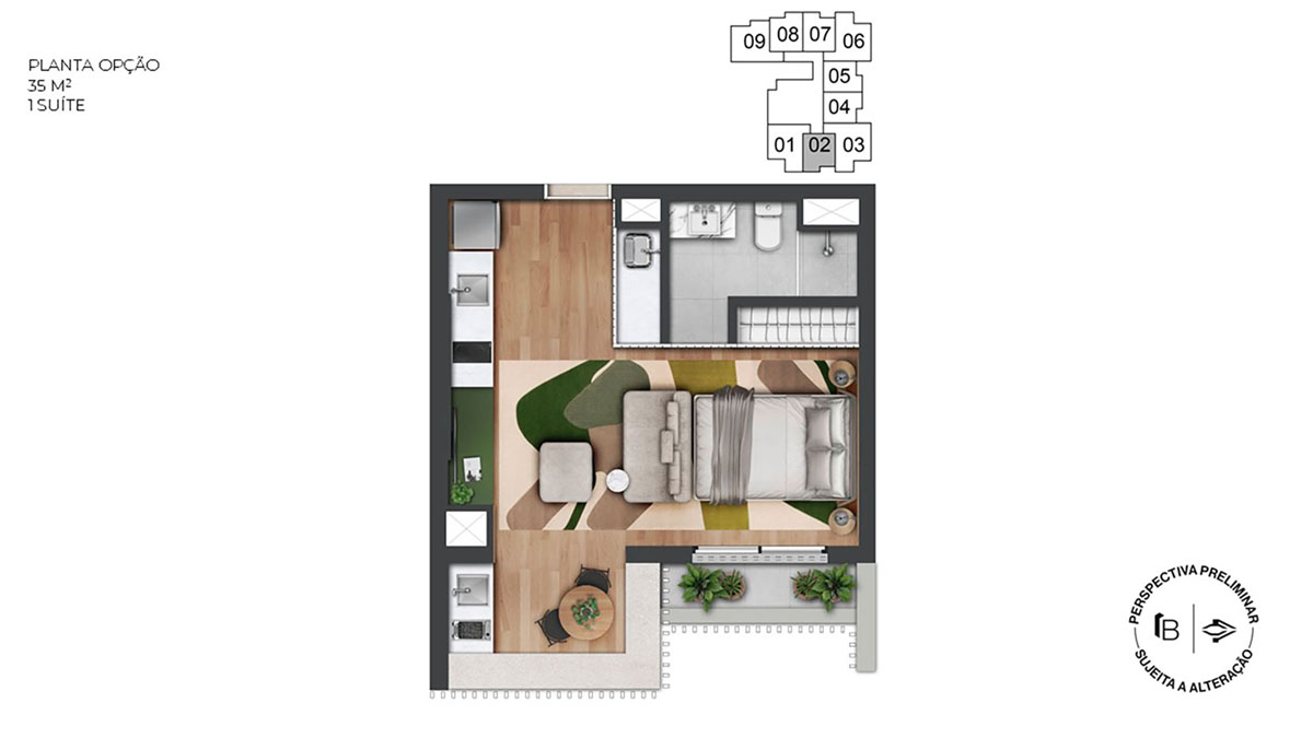 Perspectiva artística planta opção 35m²