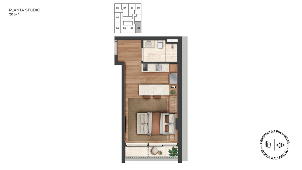Perspectiva artística planta studio 35m²