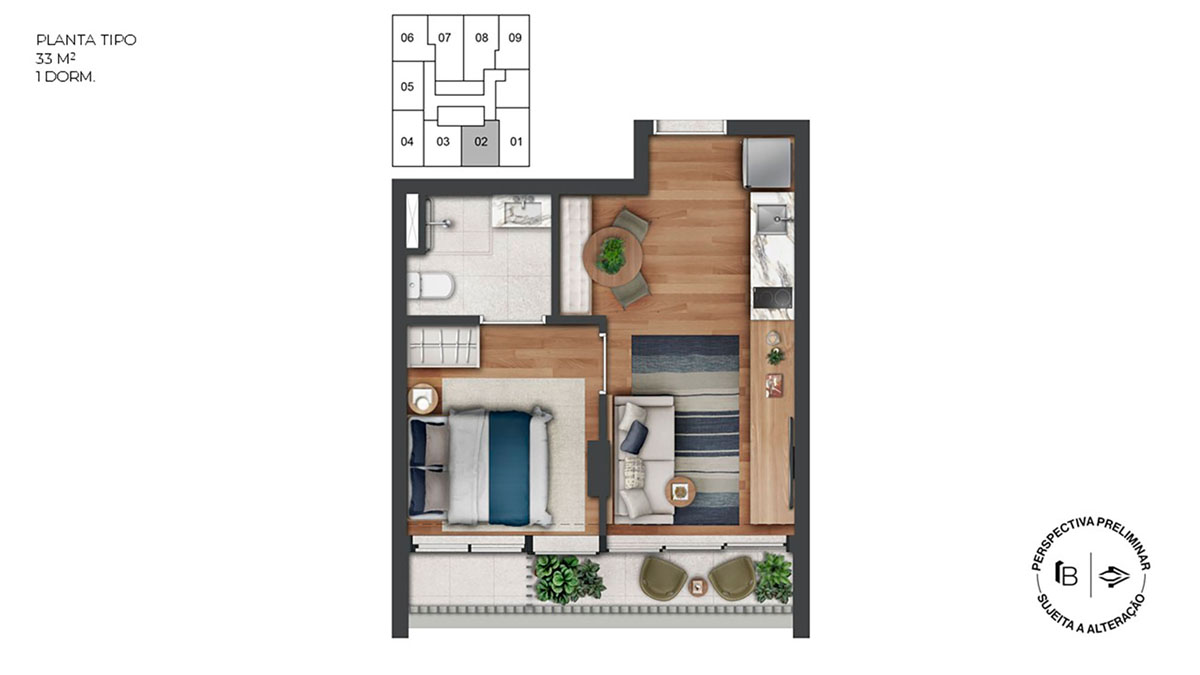 Perspectiva artística planta tipo 35m²